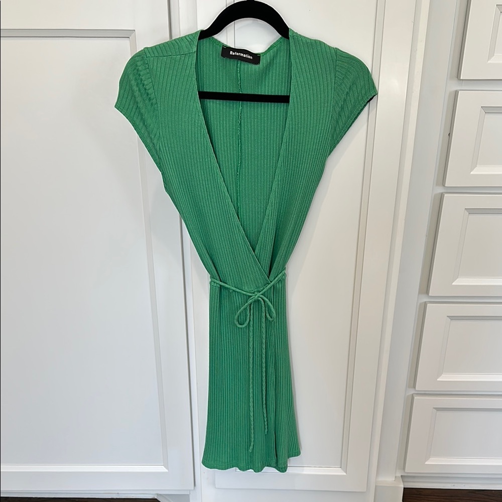 Reformation Green Ribbed Wrap Knit Dress